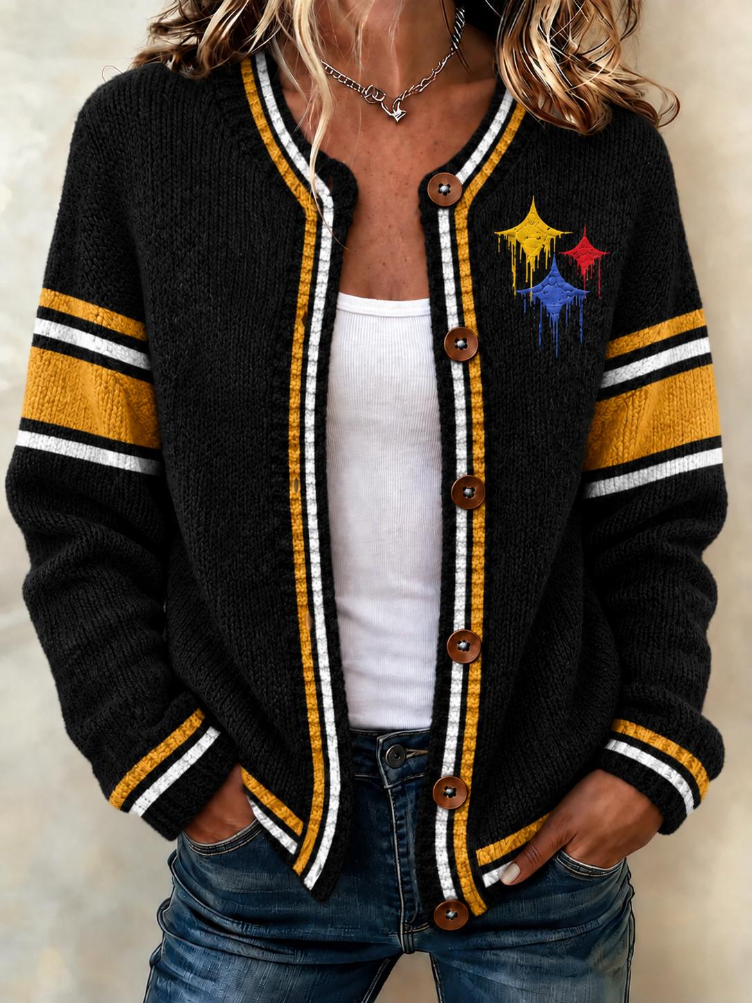 Women'S Football Printed Knitted Cardigan