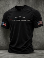 Men's One Nation Under God Cross USA Flag Embroidery Crew Neck Raglan Short Sleeve Patriotic T-Shirt