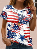 Ladies' Casual US National Day Gradient Printed Round Neck T-Shirt
