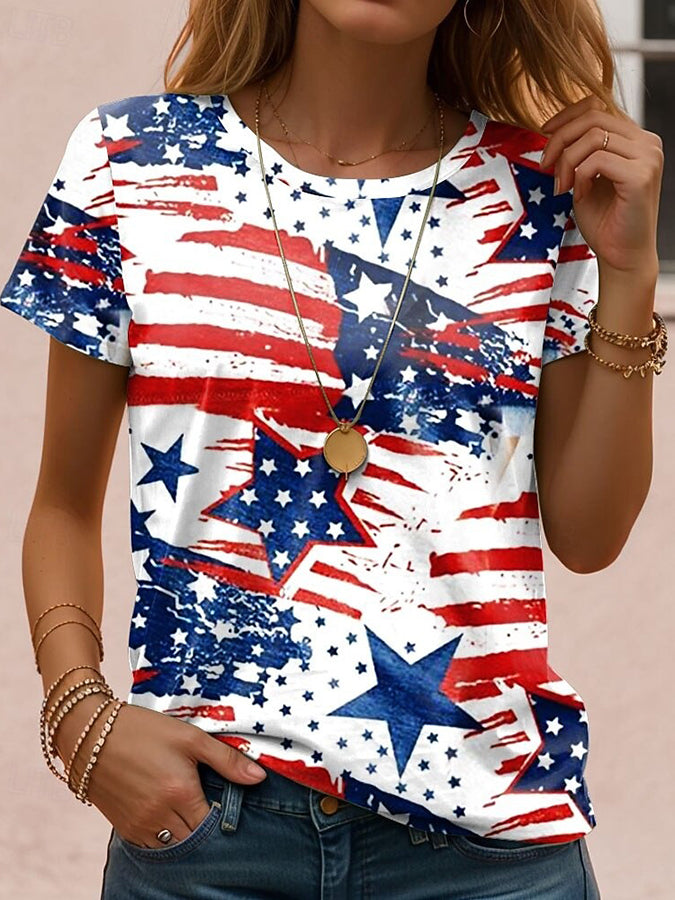 Ladies' Casual US National Day Gradient Printed Round Neck T-Shirt