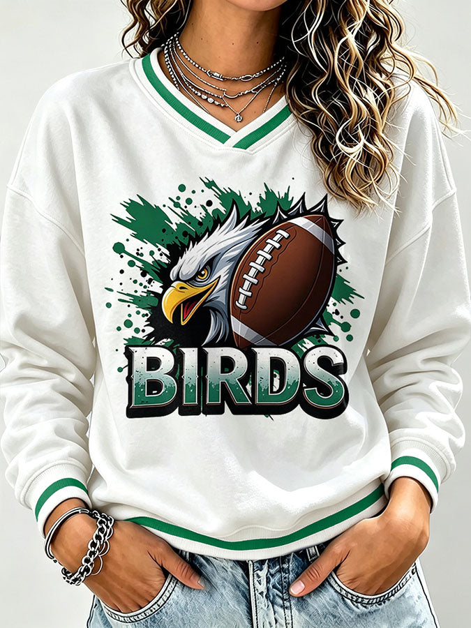 Women's Football Print V-Neck Color Block Sweatshirt