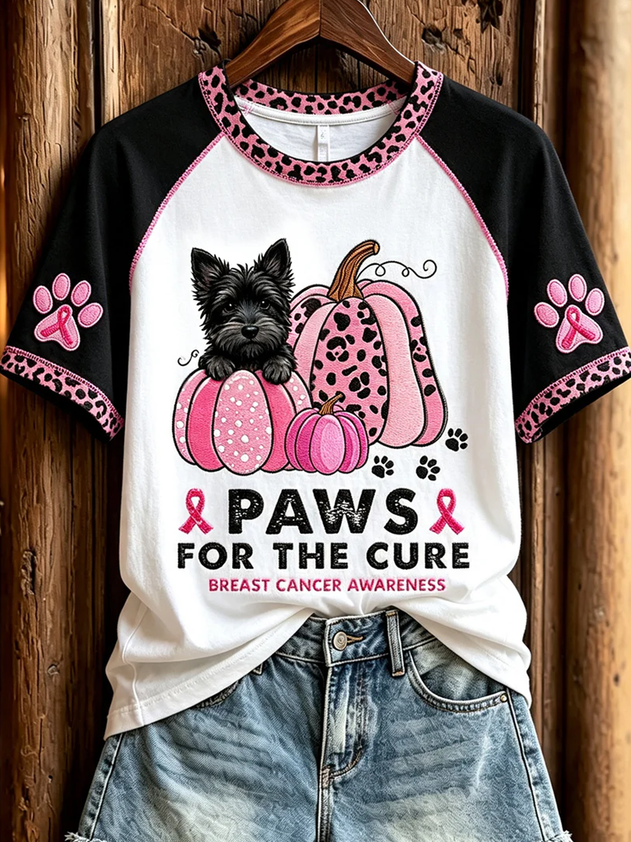 Women's Paws for the Cure Breast Cancer Awareness Dachshund & Pink Pumpkins Print short-sleeved T-shirt