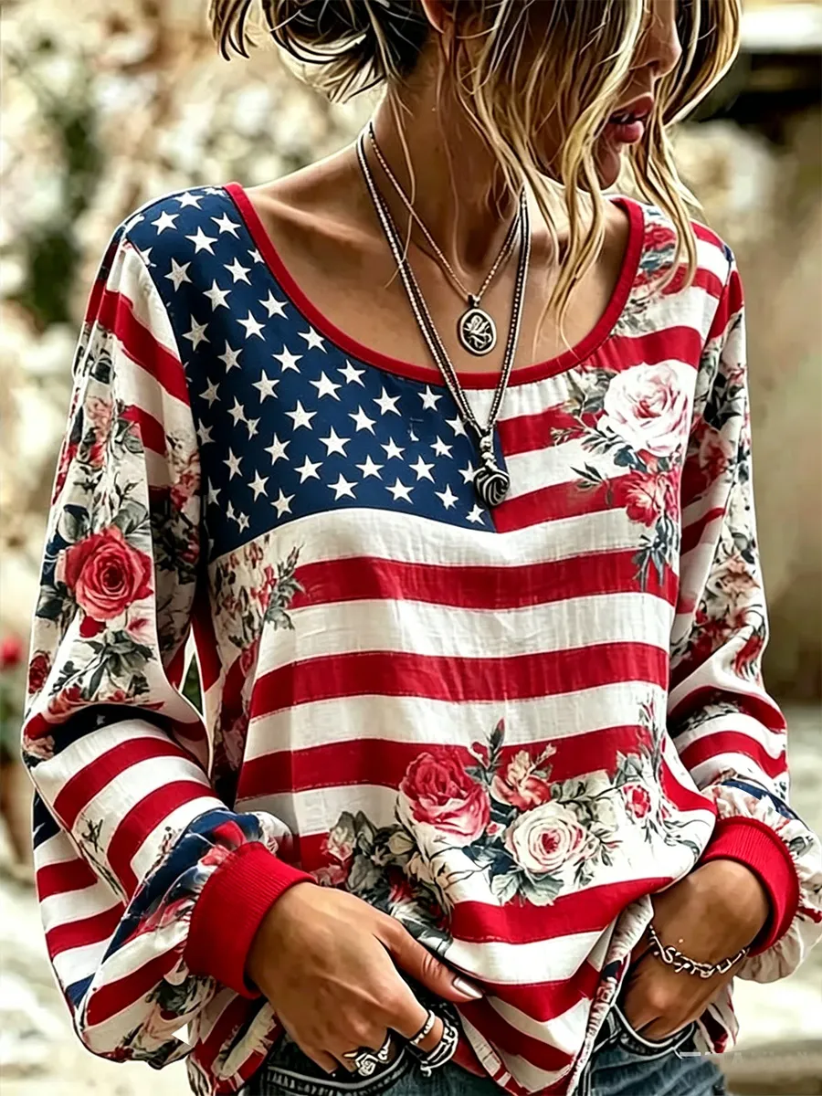 Women's Vintage American Flag Floral Art Cotton-Linen Shirt