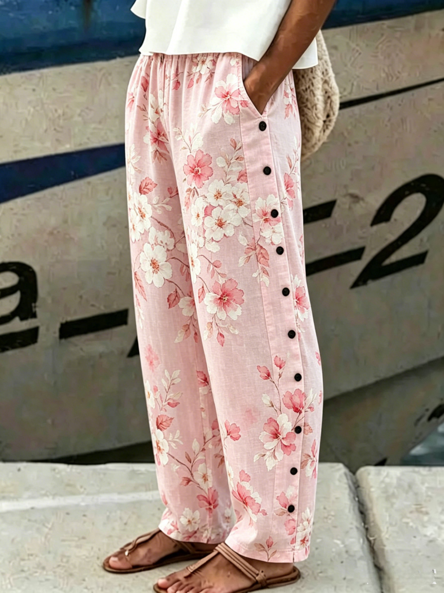 Women's Pink Floral Printed Casual Pants