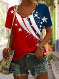 Ladies' Independence Day Flag Printed Short Sleeved V-Neck Casual T-Shirt