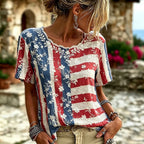 Retro American Floral Embroidery Comfortable Casual Short Sleeved Top