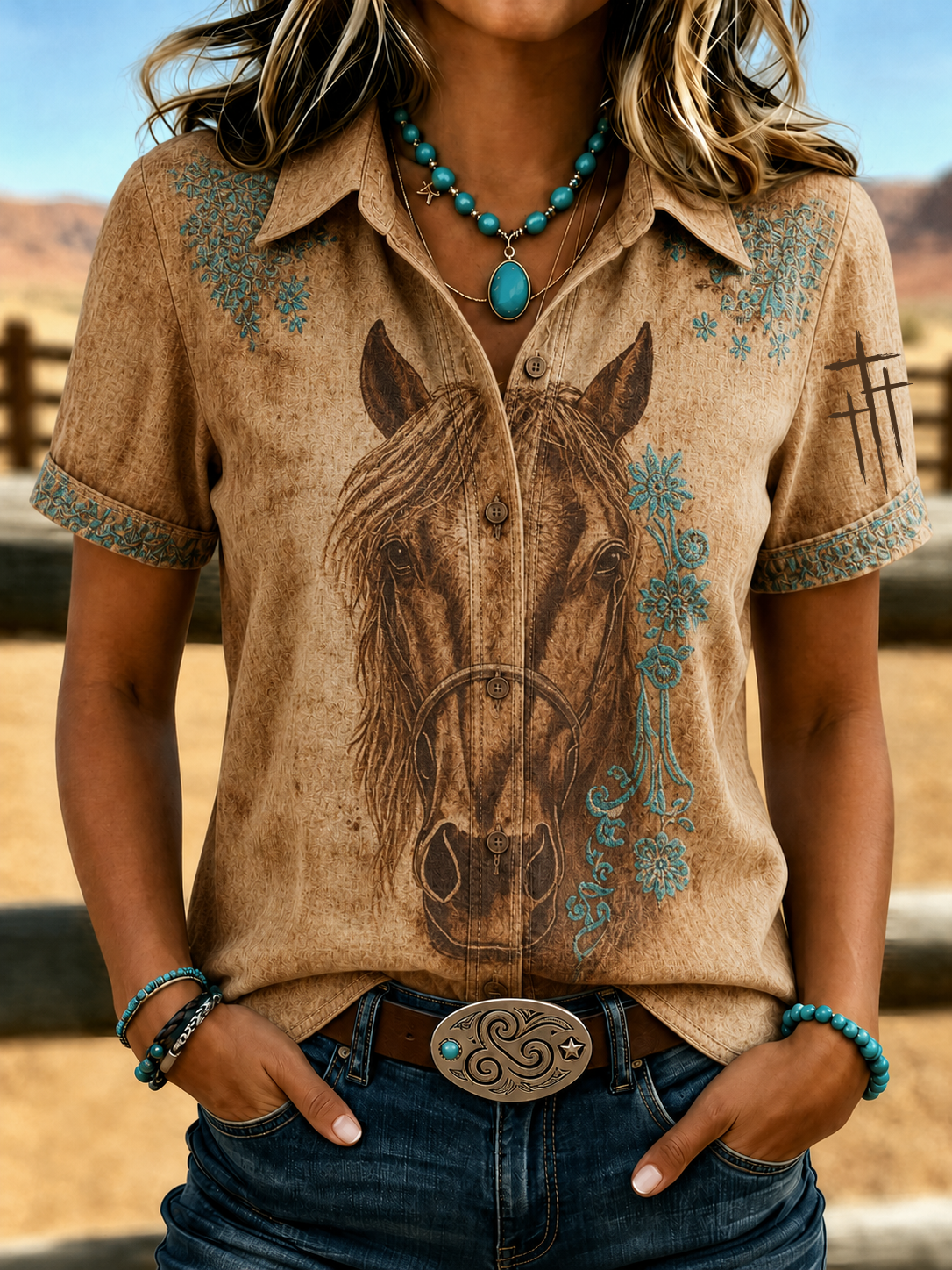 Women'S Retro Western Cross Short Sleeved Shirt