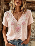 Women's Flower Pattern Linen Short-Sleeve Shirt