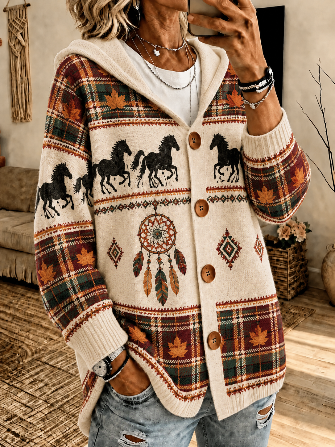 Women'S Autumn And Horse Print Knitted Jacket