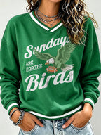 Women's Football Print V-Neck Color Block Sweatshirt