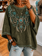 Women's Vintage Denim Print Loose Top