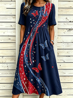 Women's National Flag Floral Print Cotton Linen Short-Sleeved Dress