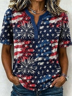 Female Leisure Patriotic Fireworks Flag Button T-Shirt
