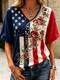 Women's Vintage Flag Floral Art Print V Neck Linen Blend T-shirt