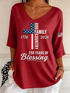 Women's God Family Country Flag Cross V Neck 3/4 Sleeve Casual Tee