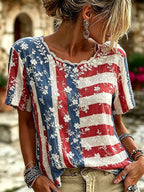 Retro American Floral Embroidery Comfortable Casual Short Sleeved Top