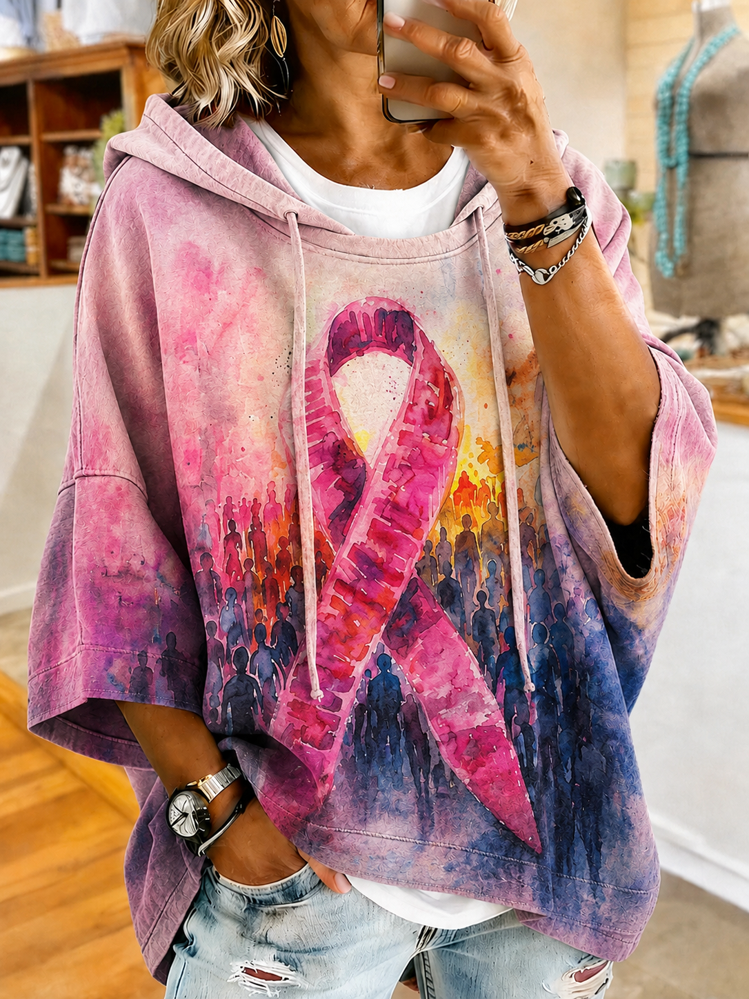 Women'S Vintage Breast Cancer Ribbon Print Hoodie