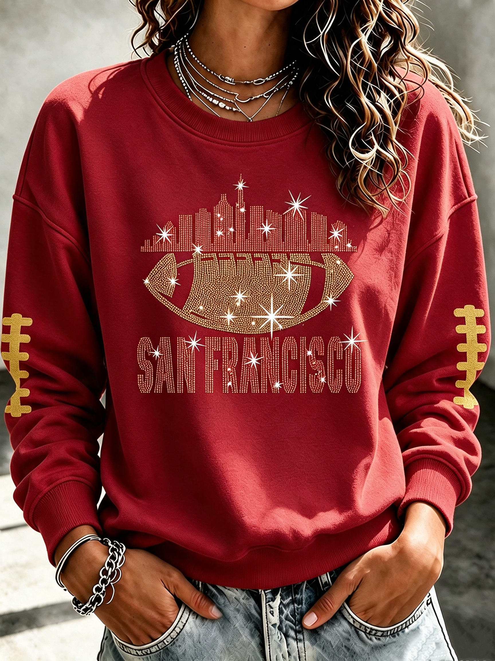 Women'S Retro Football Print Round Neck Sports Shirt
