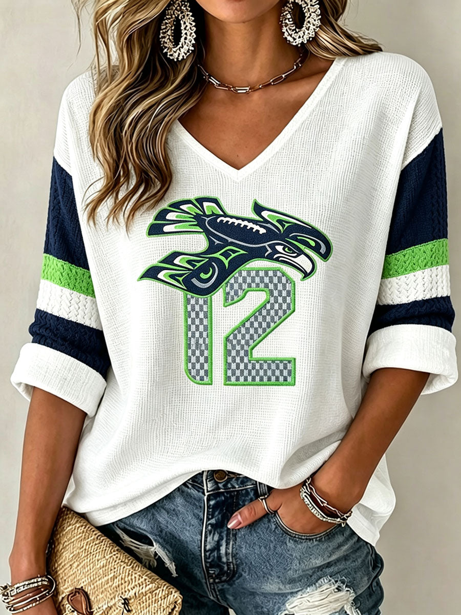 Women'S Seattle Football Vintage Fashion Printed Waffle T-Shirt