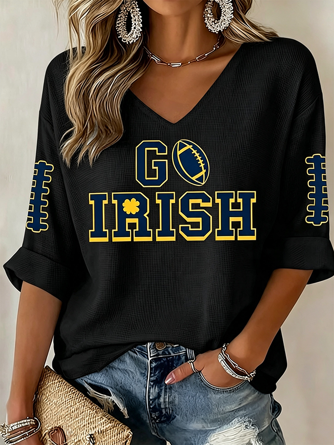 Women'S Rugby Patterned Waffle V-Neck Top