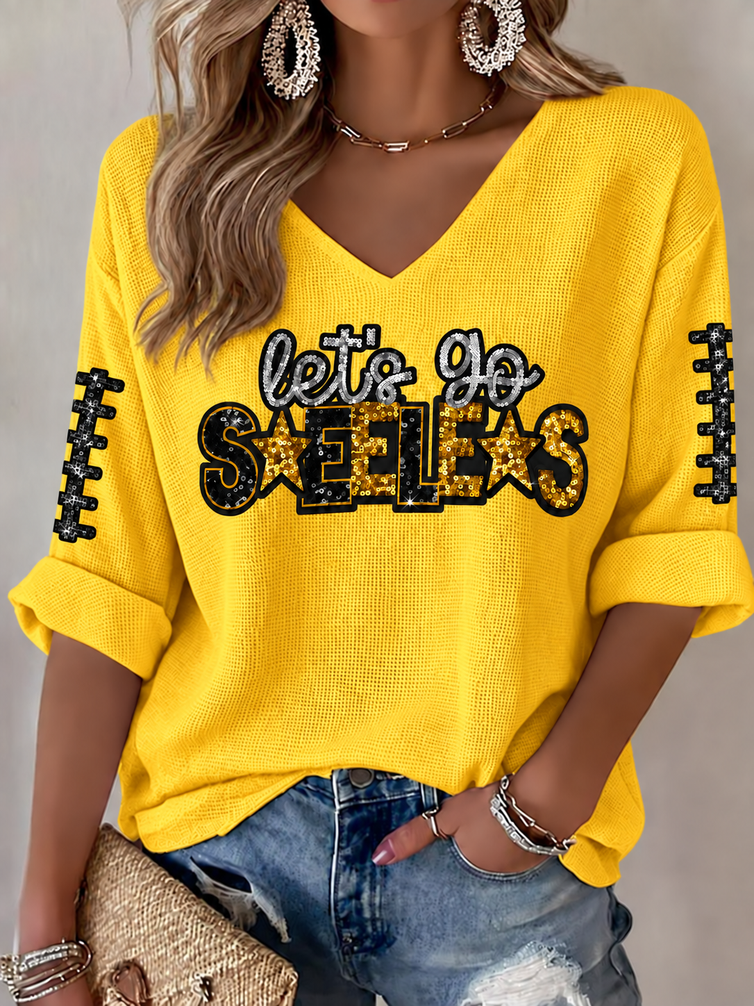 Women's Football Printed V-Neck T-Shirt