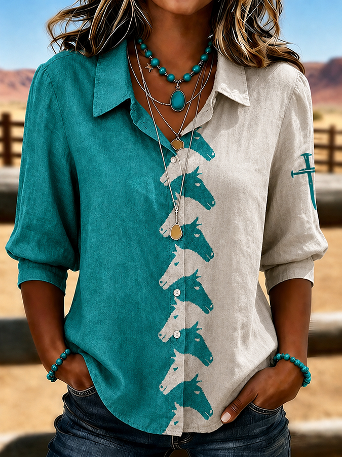 Women's Western Style Cross Retro Printed Shirt