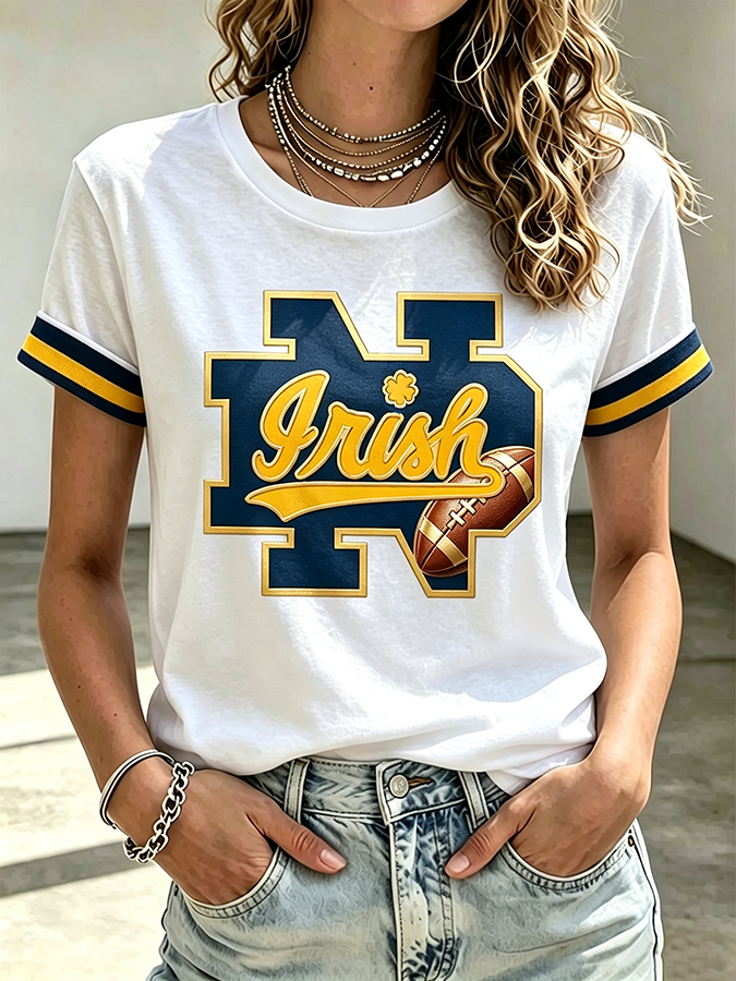 Women'S Rugby Printed Round Neck Short Sleeved T-Shirt