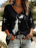 Women'S Casual V-Neck Western Faith Seven Quarter Sleeve T-Shirt
