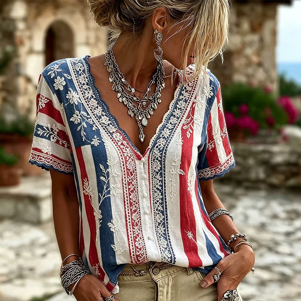 Vintage Football Team Floral Embroidered Patchwork Comfortable Casual V-neck Short Sleeve Top