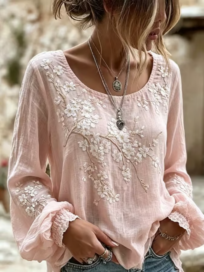 Women's Linen-Cotton Floral Casual Top