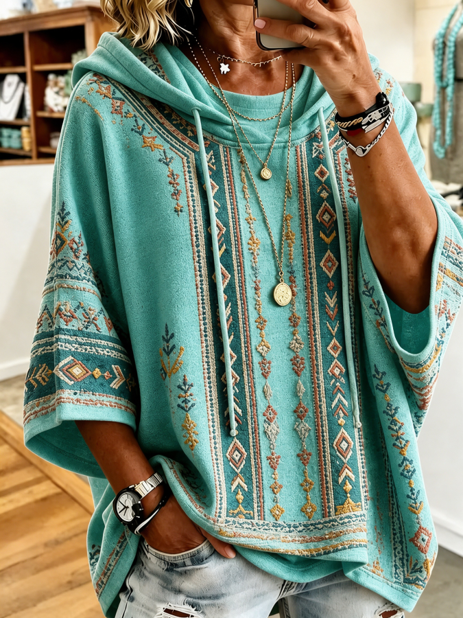 Women’S Retro Western Style Print Hoodie