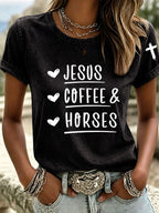 Women's Jesus Coffee Horses Printed Casual T-Shirt