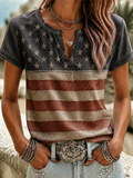 Women'S Casual Cotton Linen American Independence Day Floral Art Printed Short Sleeved T-Shirt