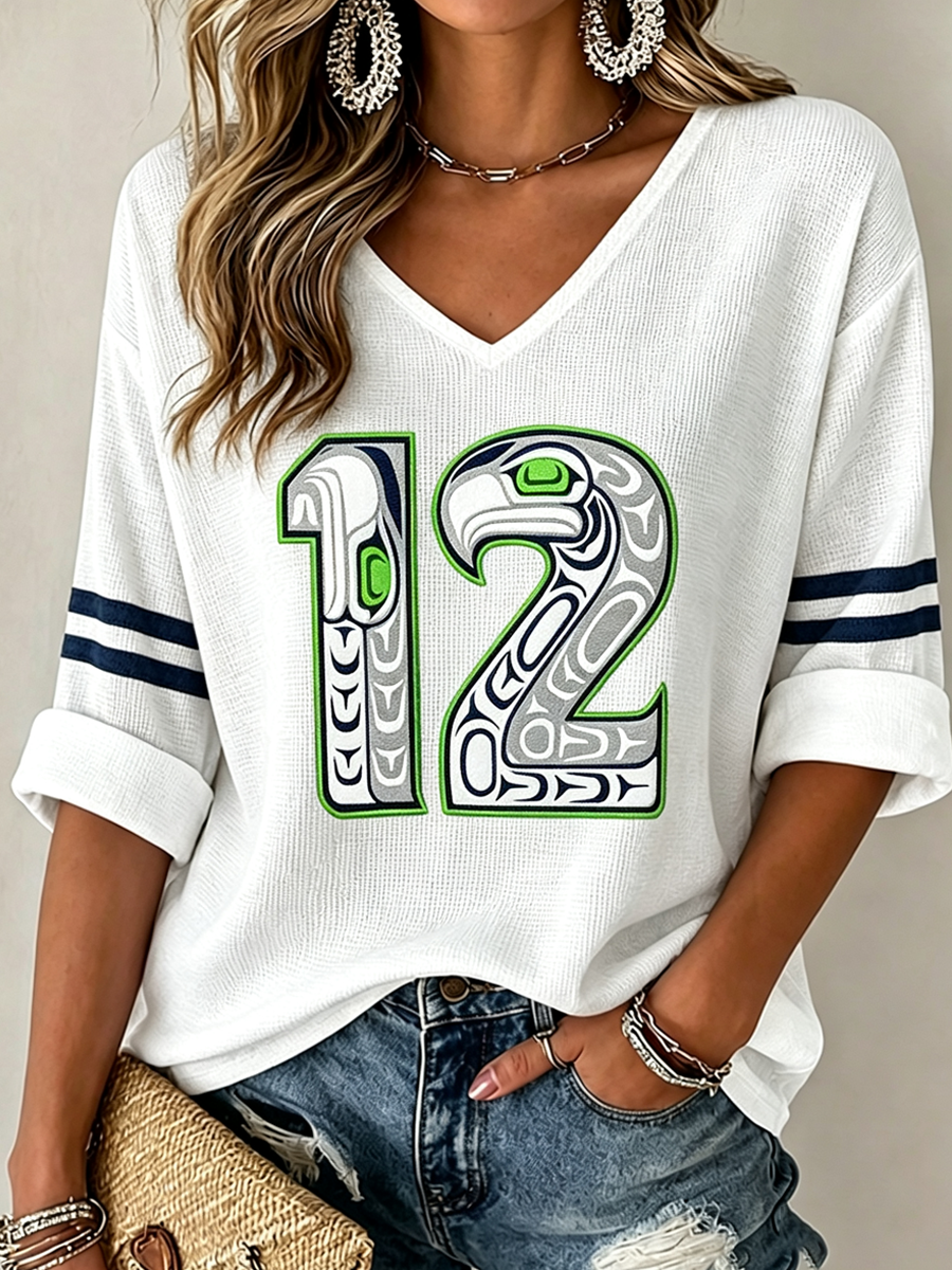 Women'S Seattle Football Vintage Fashion Printed Waffle T-Shirt