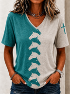 Women's Western Style Cross Print Casual V-Neck T-Shirt