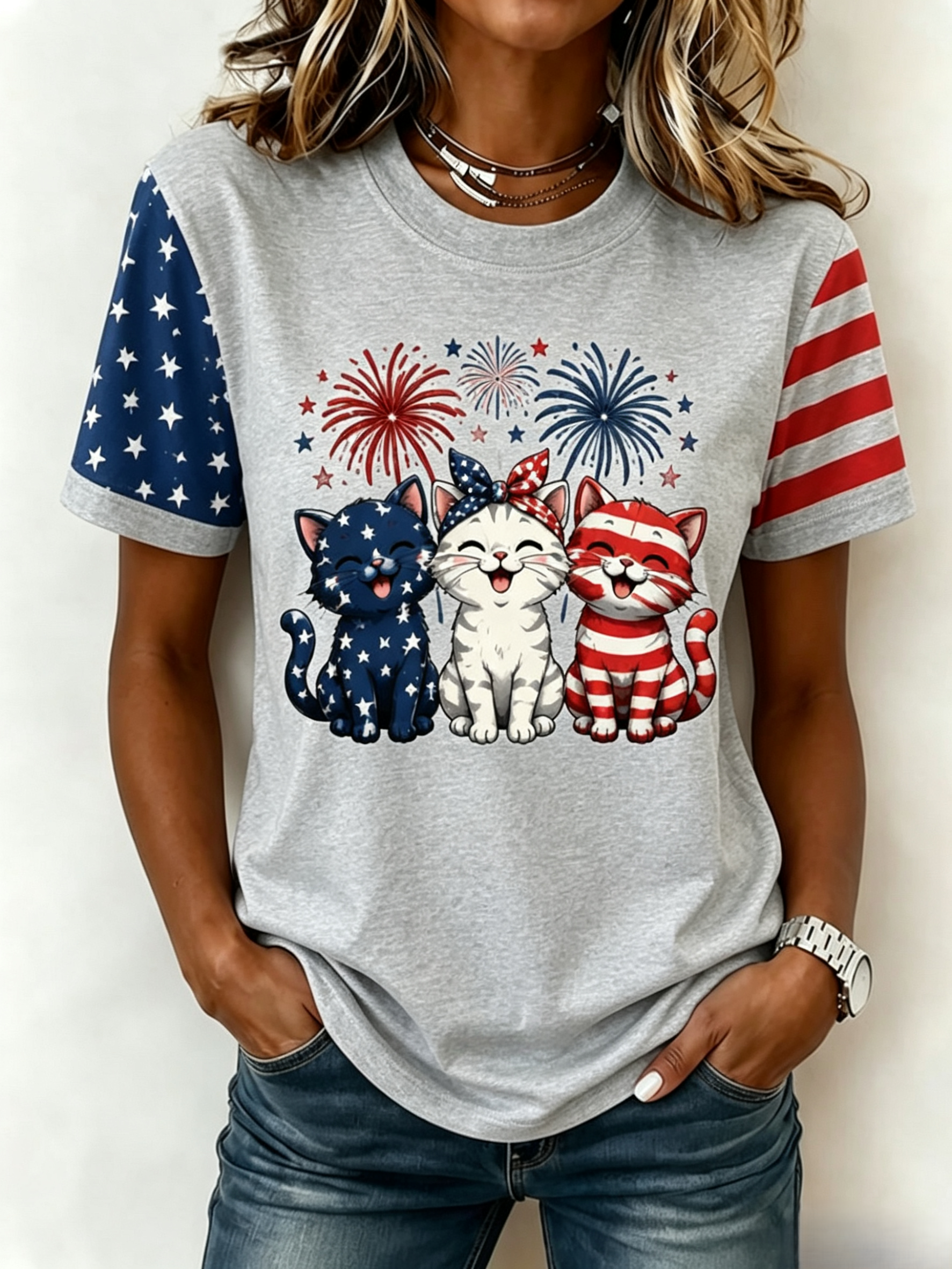 Women's American Flag Kittens Printed Casual T-shirt