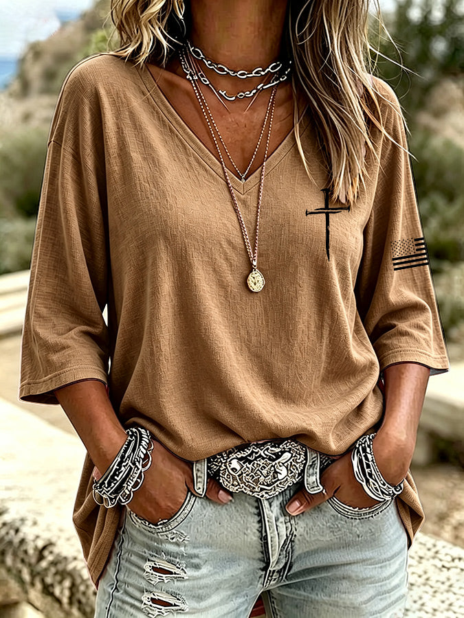 Women's casual V-neck faith solid color seven quarter sleeve T-shirt