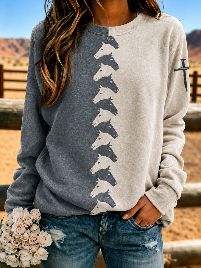 Women's Western Style Cross Print Round Neck Sweatshirt