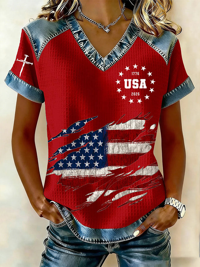 Women'S Retro American Independence Day 250Th Anniversary Printed V-Neck Short Sleeved T-Shirt