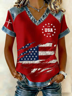 Women'S Retro American Independence Day 250Th Anniversary Printed V-Neck Short Sleeved T-Shirt