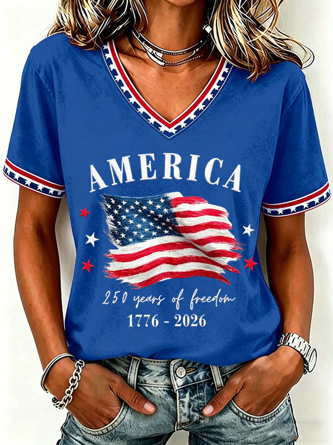 Women'S America Flag Floral Print Casual V-Neck T-Shirt
