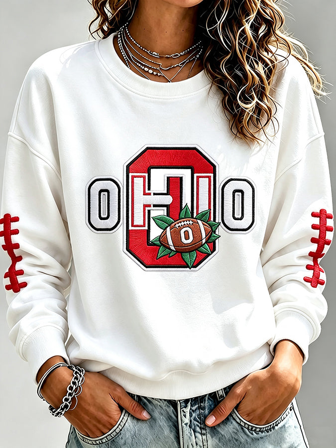 Women'S Embroidered Rugby Round Neck Top