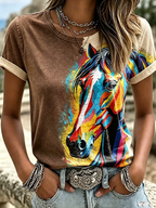 Women's'Retro Western Floral Horse Print Casual Round Neck Top