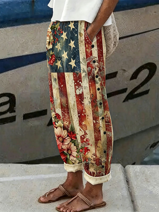 Women'S Flag Floral Printed Casual Pants
