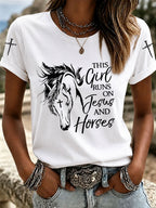 Women's This Girl Runs On Jesus And Horses Printed Casual T-Shirt