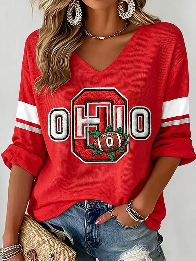 Women'S Rugby Patterned Waffle V-Neck Top