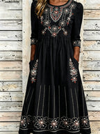 Vintage Western Floral Print Women's Long-Sleeve Linen Maxi Dress