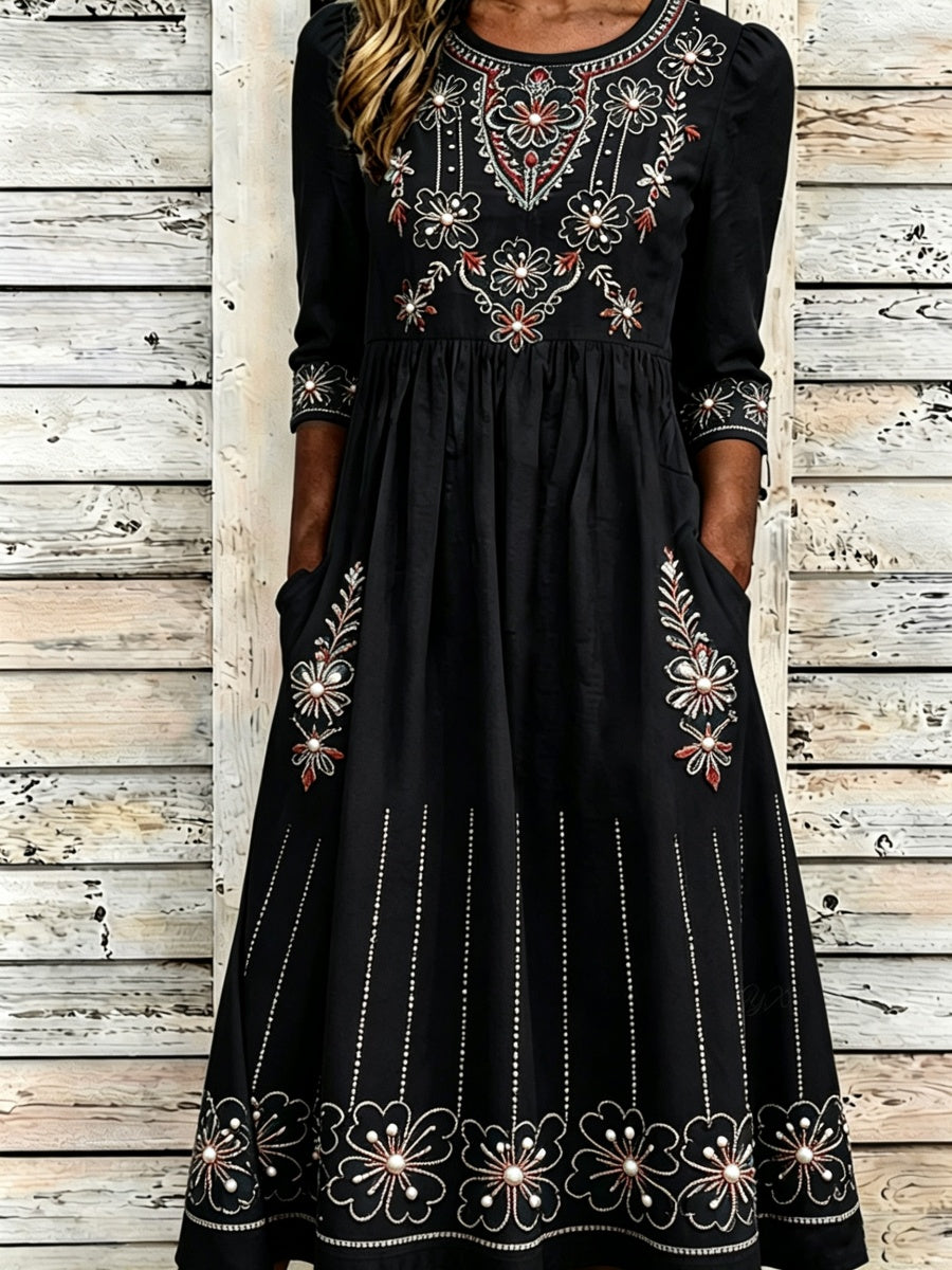 Vintage Western Floral Print Women's Long-Sleeve Linen Maxi Dress