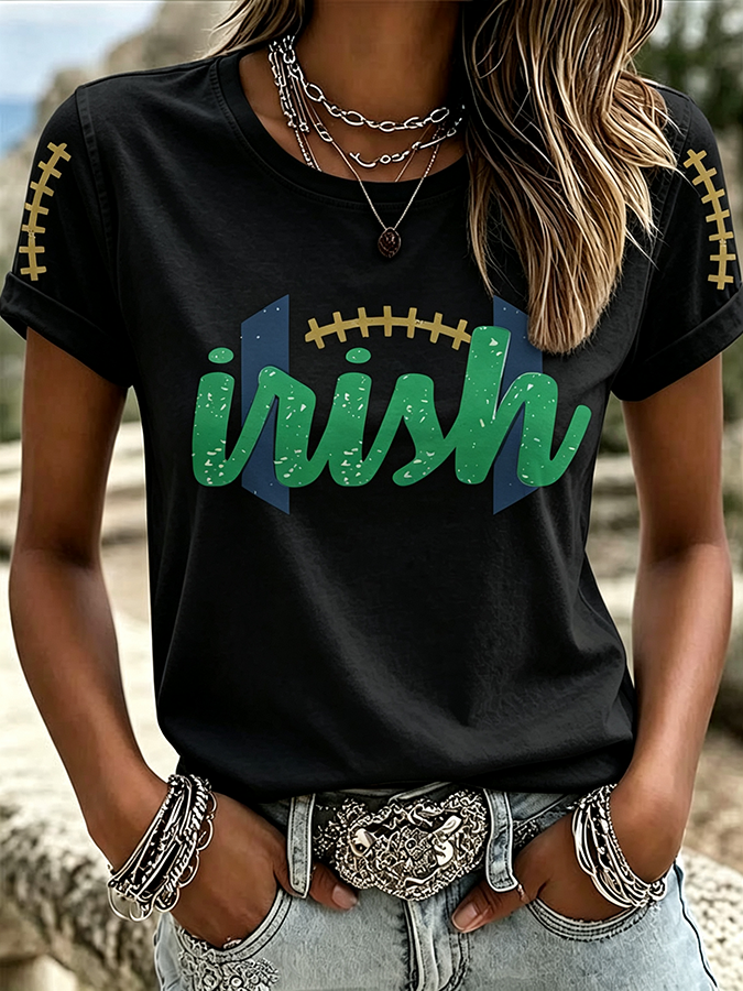 Women'S Rugby Printed Round Neck Short Sleeved T-Shirt