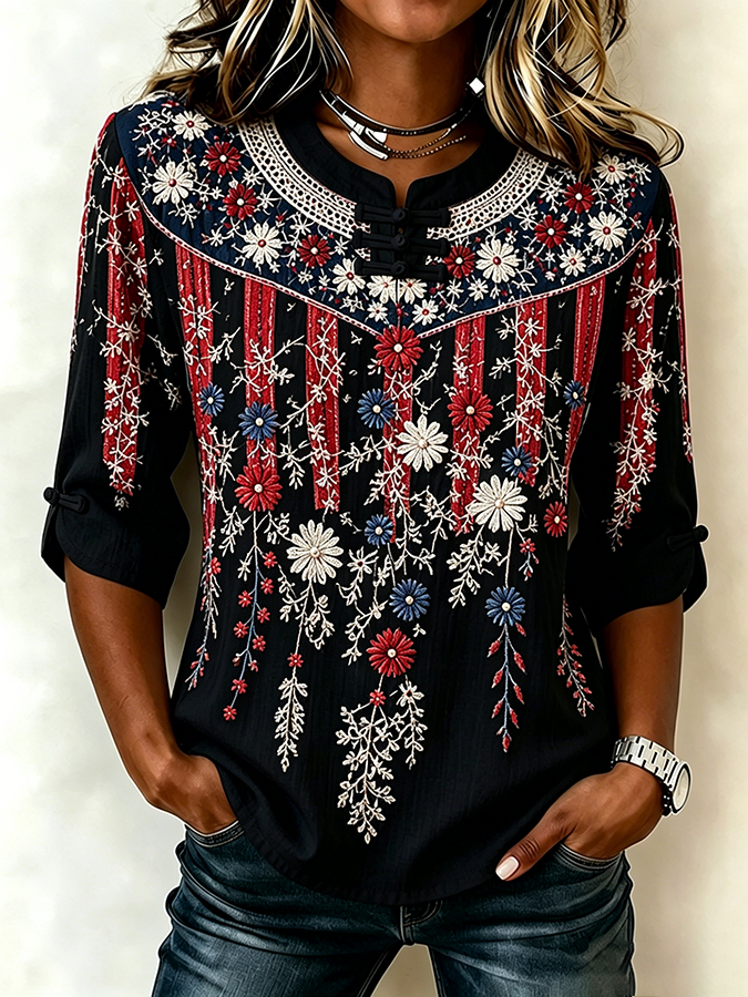 Women's National Flag Floral Print Cotton Linen Top